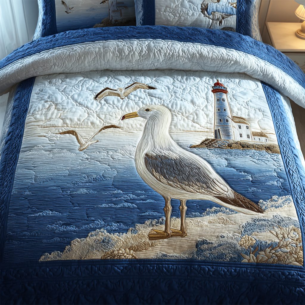 Gentle Seagull quilted 3-piece bedding set on a made bed in a light coastal bedroom