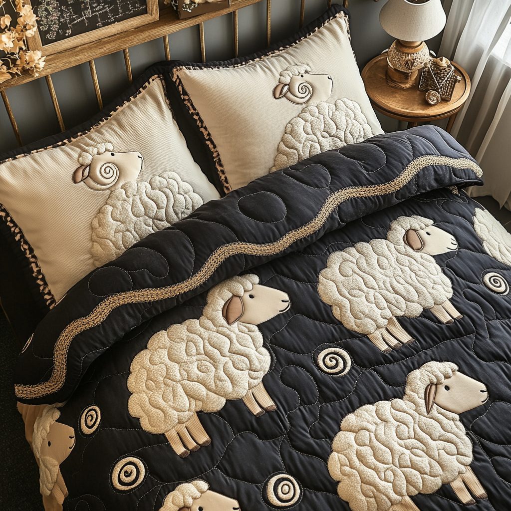Gentle Sheep quilted 3-piece bedding set on a made bed with two matching pillow shams