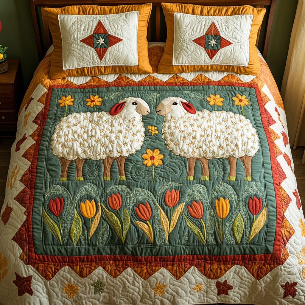 Gentle Sheep quilted 3-piece bedding set on a made bed with two matching pillow shams