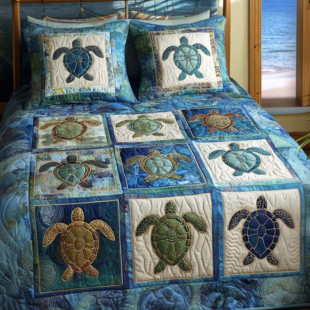 Gentle Shore quilted 3-piece bedding set on a made bed in a light coastal bedroom