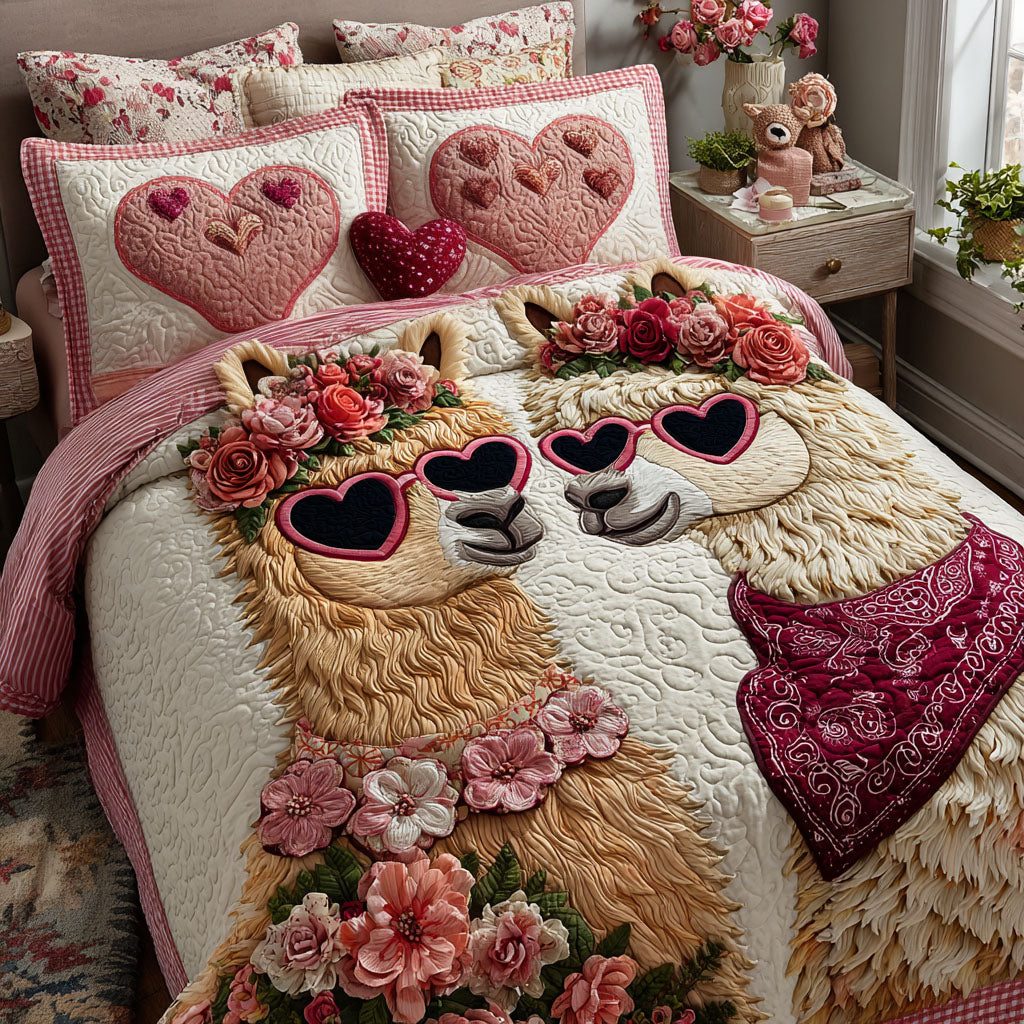 Gentle Souls quilted 3-piece bedding set on a made bed with two matching pillow shams