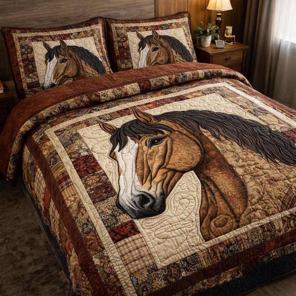 Gentle Stallion quilted 3-piece bedding set on a made bed in a rustic timber bedroom