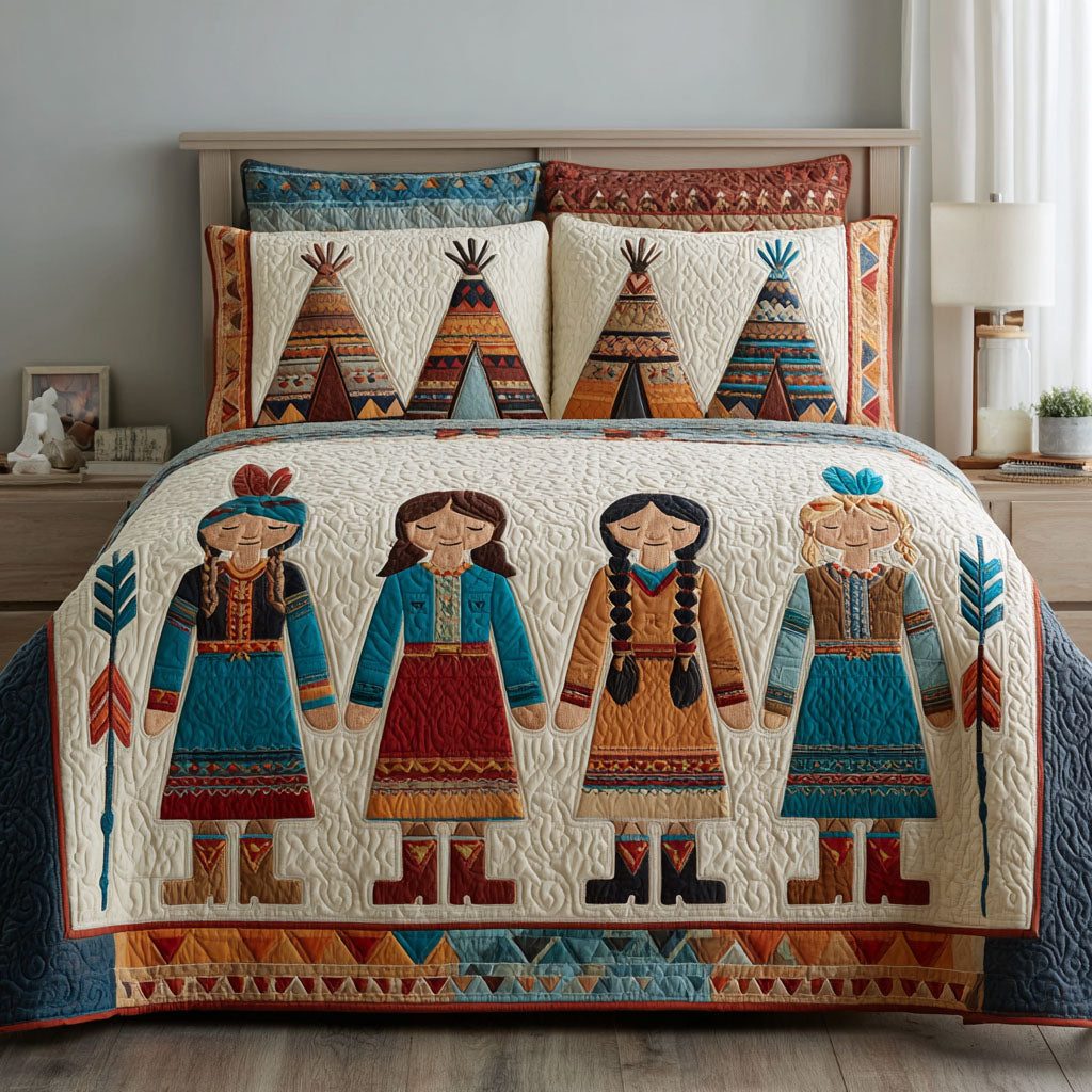 Gentle Story quilted 3-piece bedding set on a made bed with two matching pillow shams