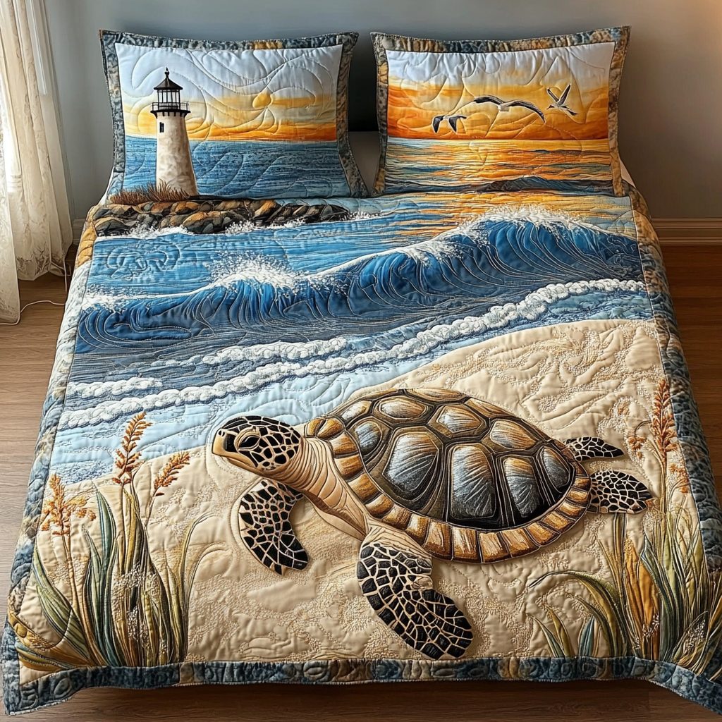 Gentle Tides quilted 3-piece bedding set on a made bed with two matching pillow shams