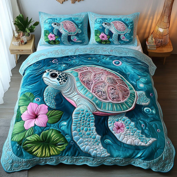 Gentle Turtle quilted 3-piece bedding set on a made bed in a light coastal bedroom