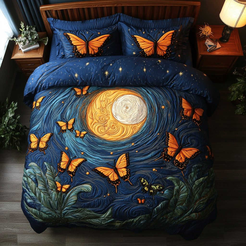 Gentle Wings quilted 3-piece bedding set on a made bed with two matching pillow shams
