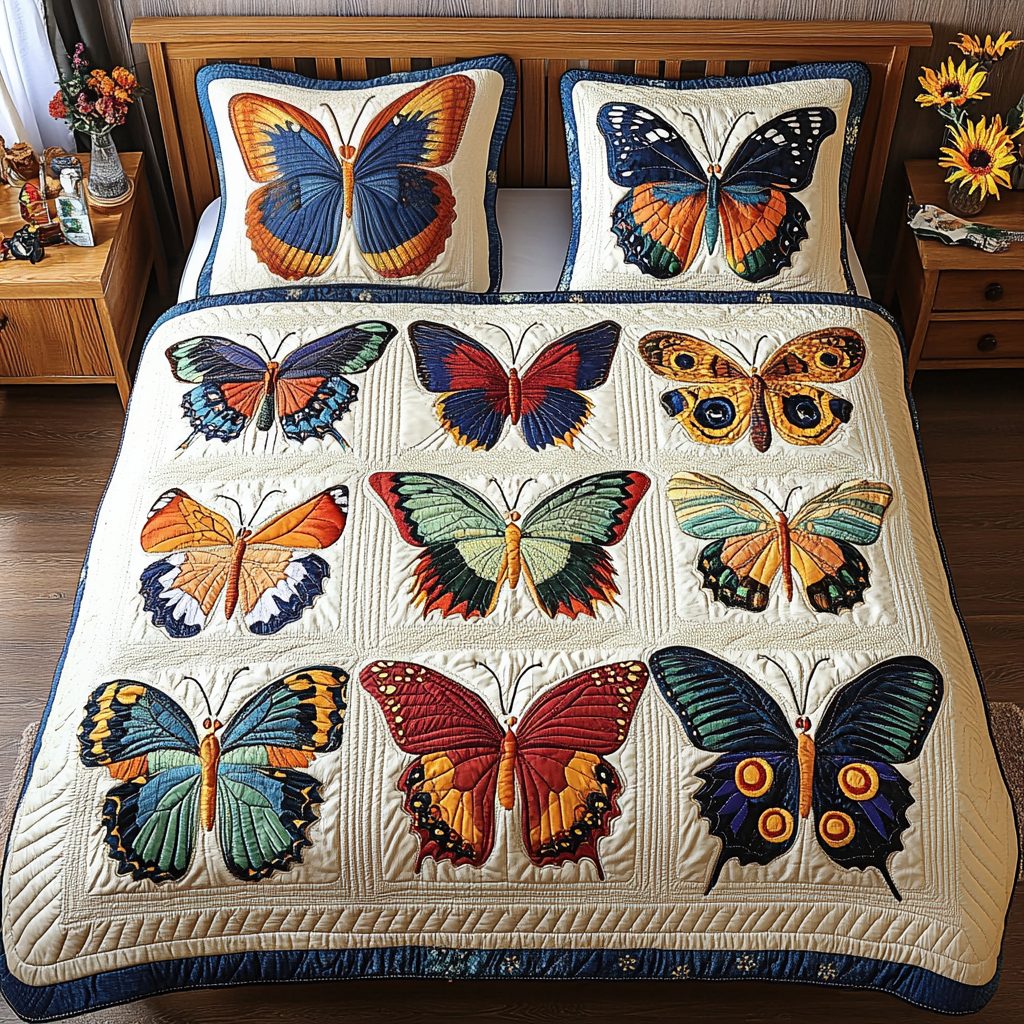 Gentle Wings quilted 3-piece bedding set on a made bed with two matching pillow shams