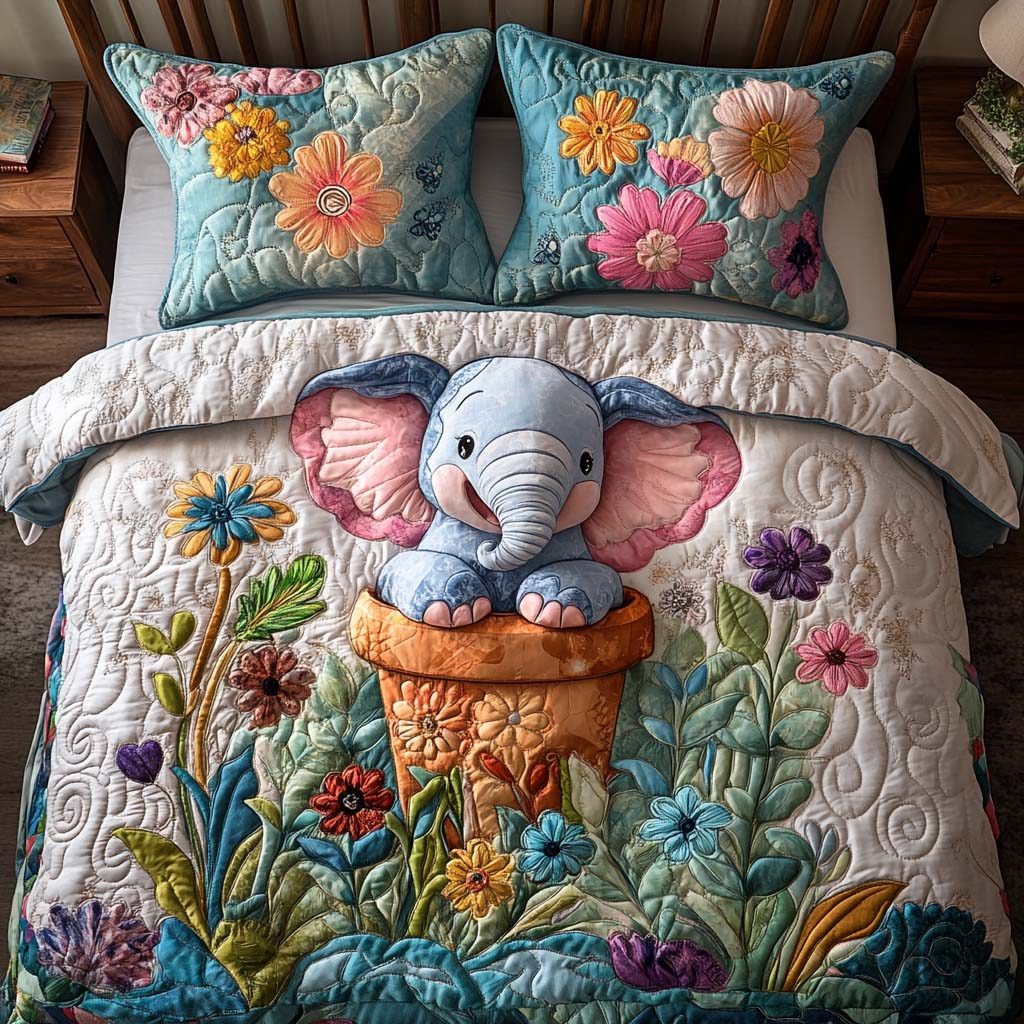 Gentle Wisdom quilted 3-piece bedding set on a made bed with two matching pillow shams