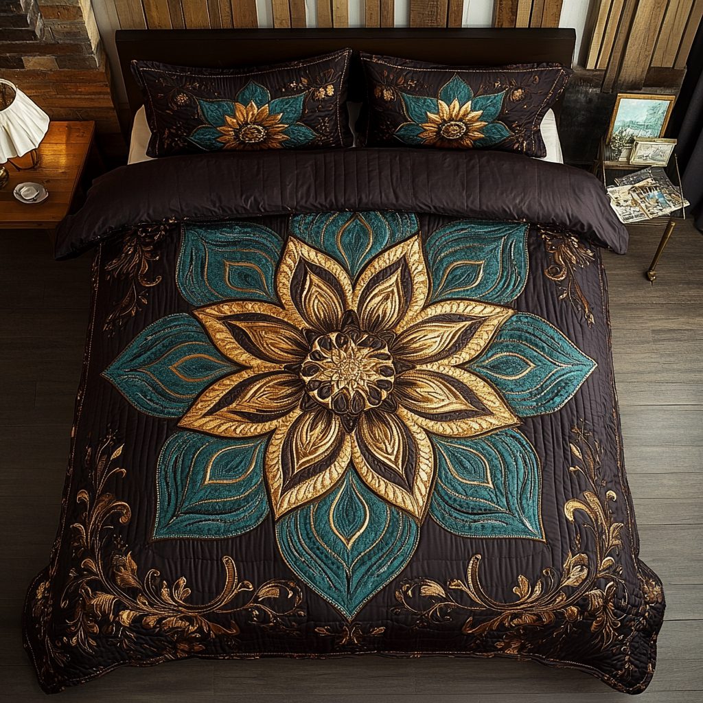 Geometric Glow quilted 3-piece bedding set on a made bed with two matching pillow shams