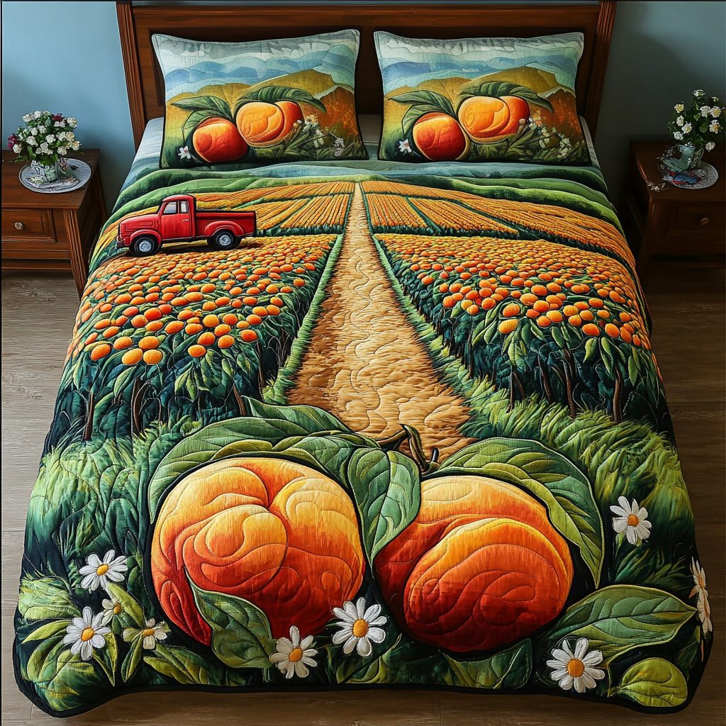 George Peach Blossom quilted 3-piece bedding set on a made bed with two matching pillow shams