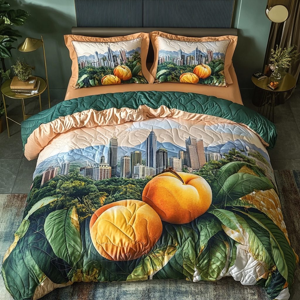 George Peach Dream quilted 3-piece bedding set on a made bed with two matching pillow shams
