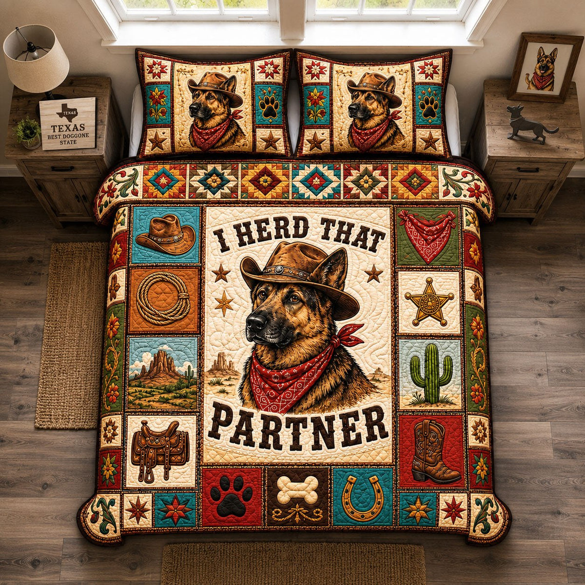 German Shepherd Cowboy Dog quilted 3-piece bedding set on a made bed in a rustic timber bedroom