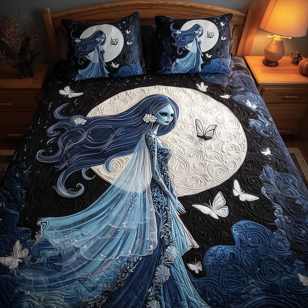 Ghost Bride quilted 3-piece bedding set on a made bed against a dark styled interior