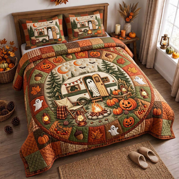 Ghost Campout quilted 3-piece bedding set on a made bed against a dark styled interior