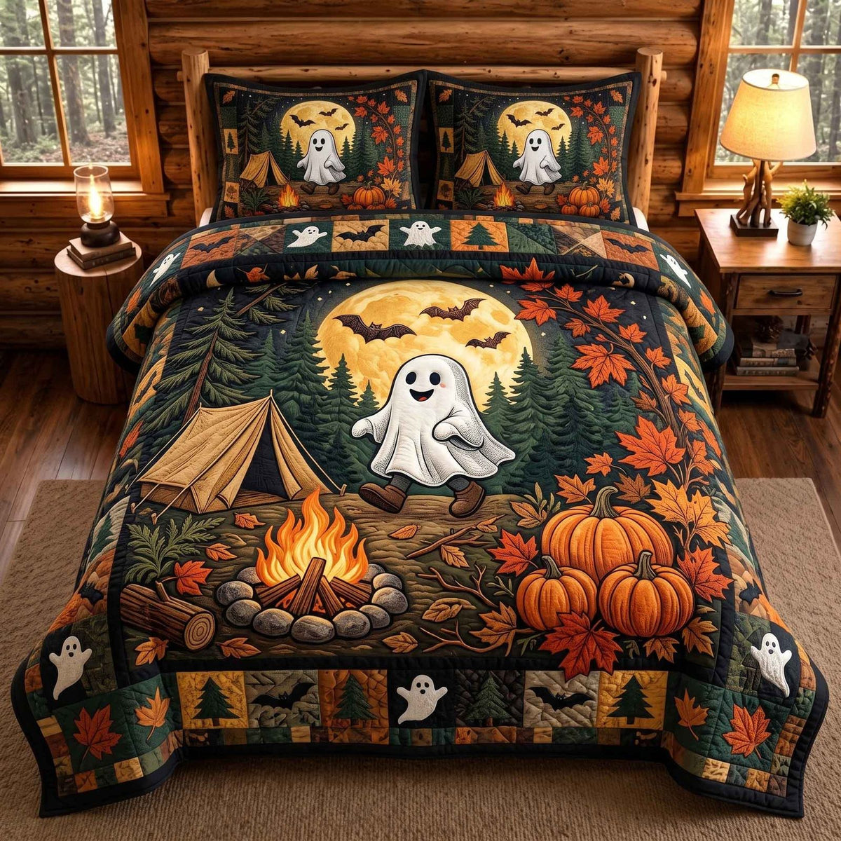 Ghost Campout quilted 3-piece bedding set on a made bed against a dark styled interior