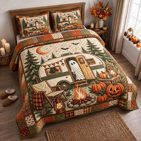Ghost Campout quilted 3-piece bedding set on a made bed against a dark styled interior