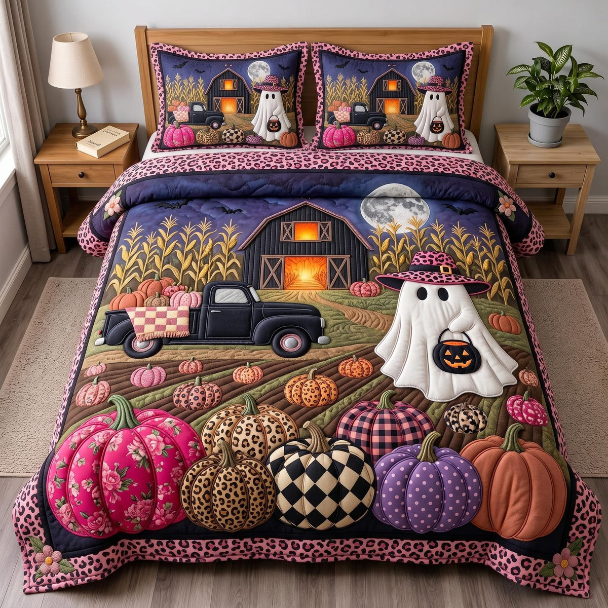 Ghost Harvest quilted 3-piece bedding set on a made bed against a dark styled interior
