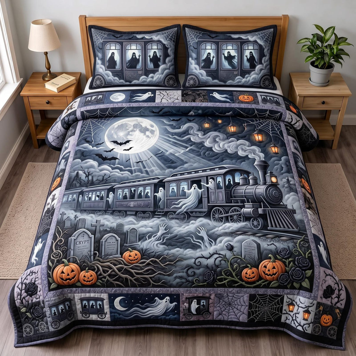 Ghost Train quilted 3-piece bedding set on a made bed against a dark styled interior