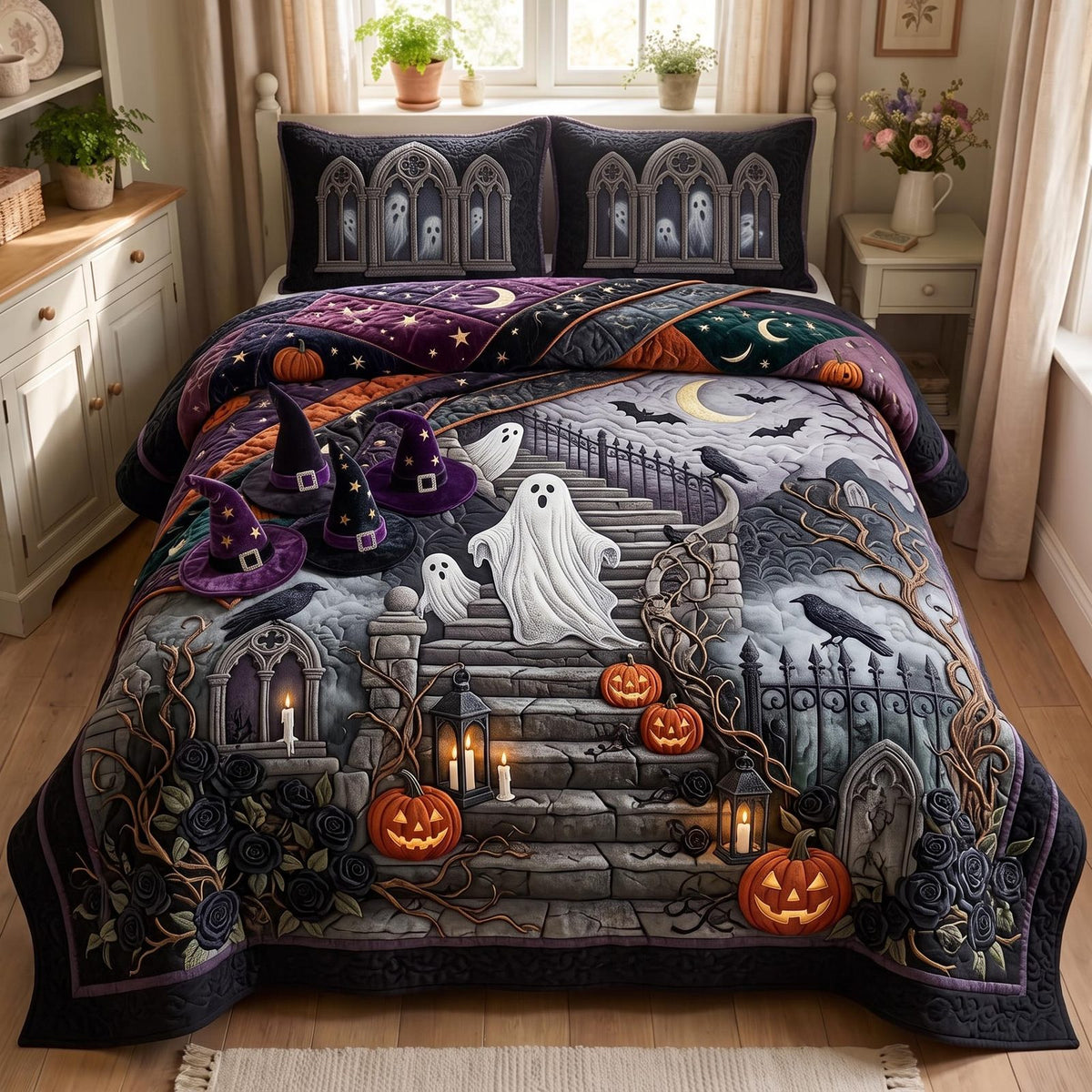 Ghost Vibes quilted 3-piece bedding set on a made bed against a dark styled interior