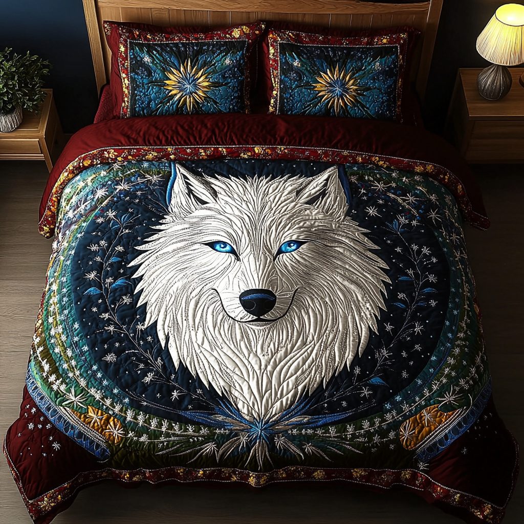 Ghost Wolf quilted 3-piece bedding set on a made bed against a dark styled interior