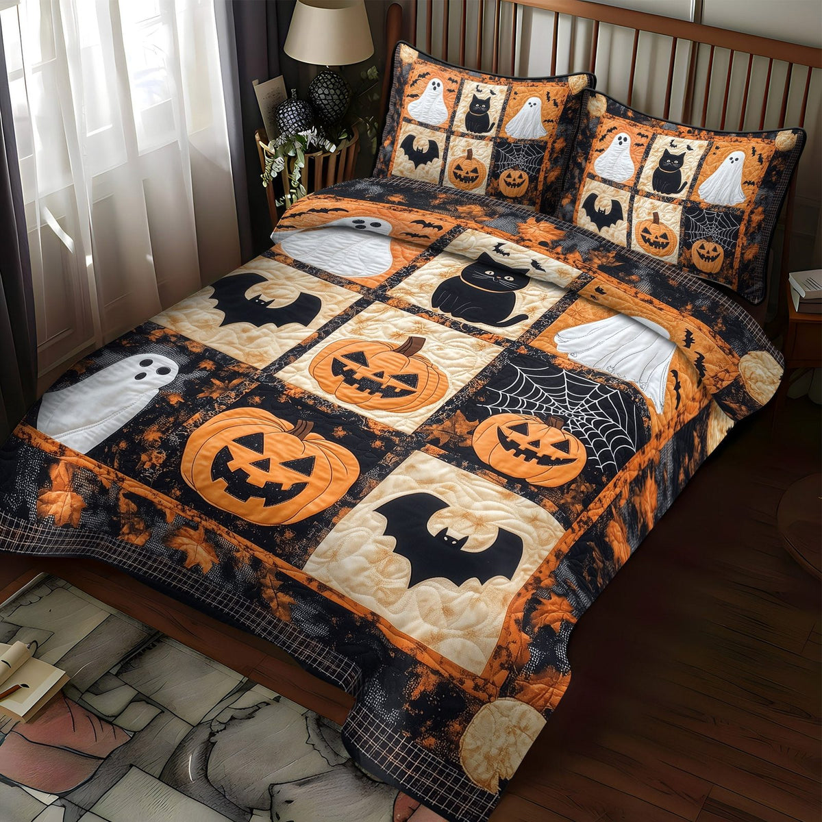 Ghostly Cat Tales quilted 3-piece bedding set on a made bed against a dark styled interior