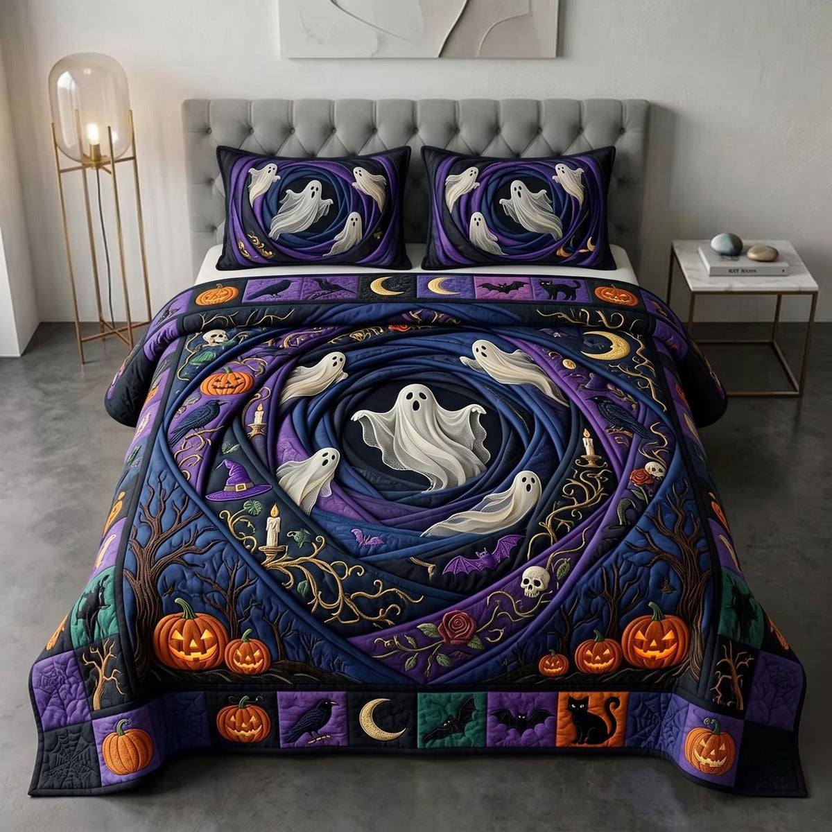 Ghostly Charm quilted 3-piece bedding set on a made bed against a dark styled interior