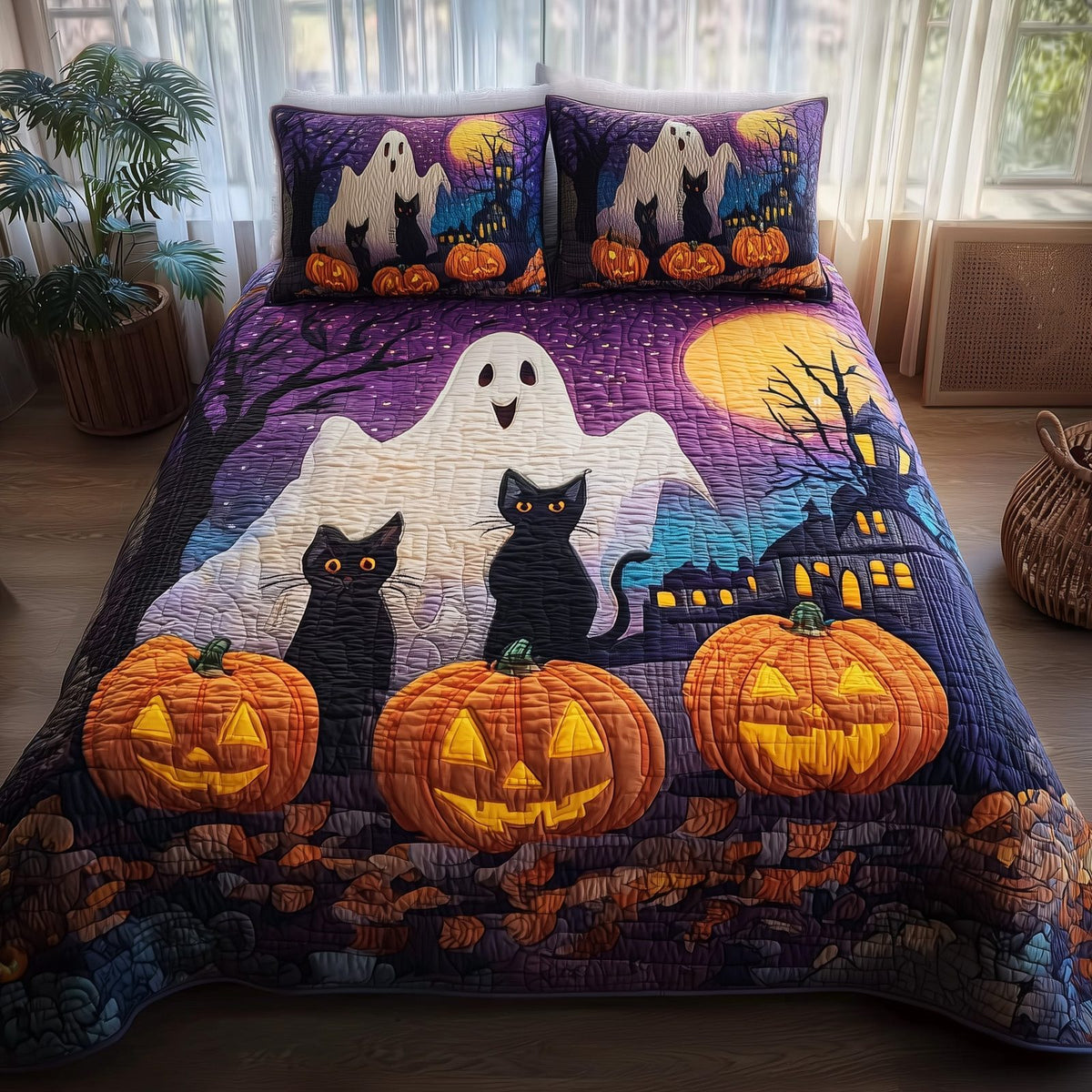 Ghostly Giggles quilted 3-piece bedding set on a made bed against a dark styled interior