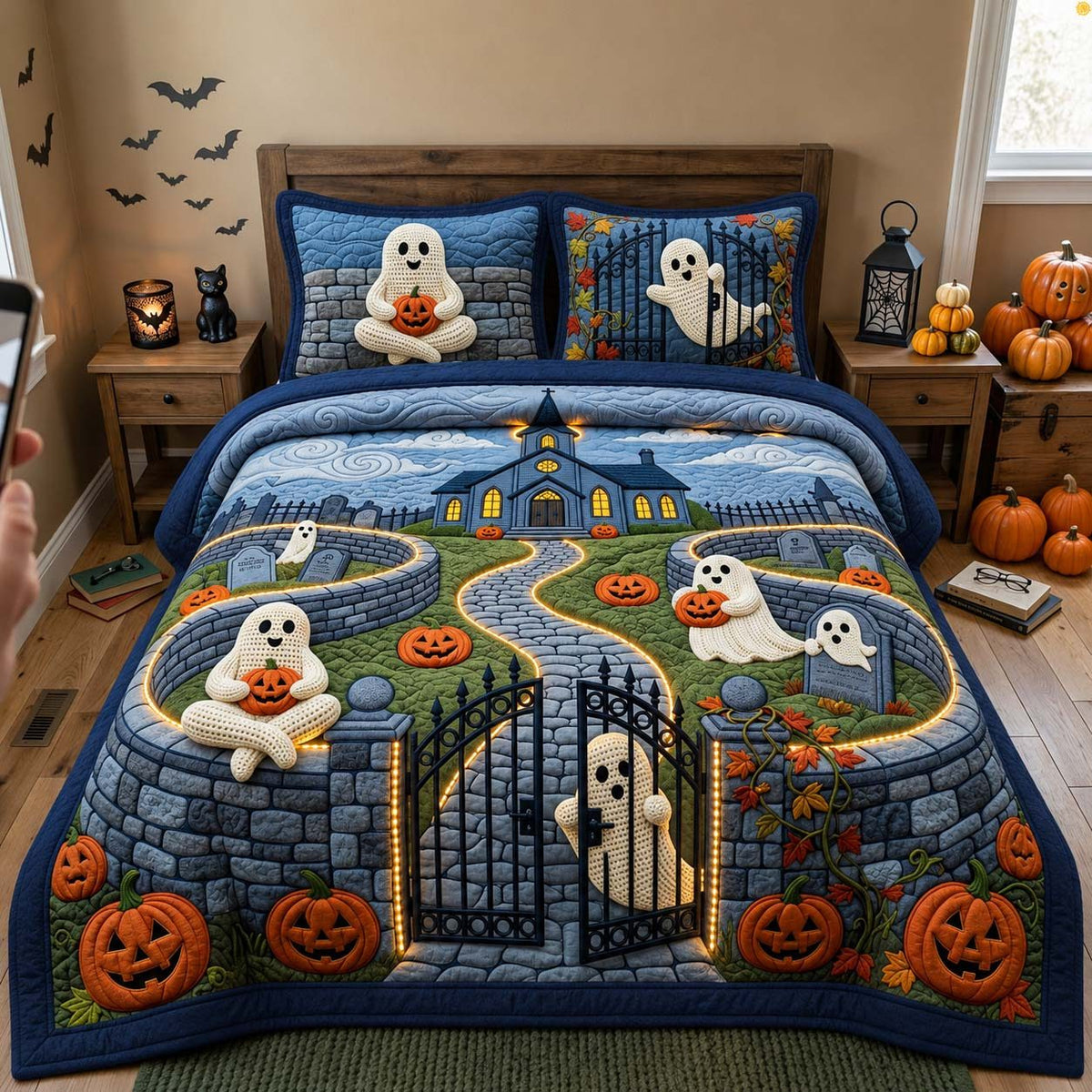 Ghostly Graveyard Nights quilted 3-piece bedding set on a made bed against a dark styled interior