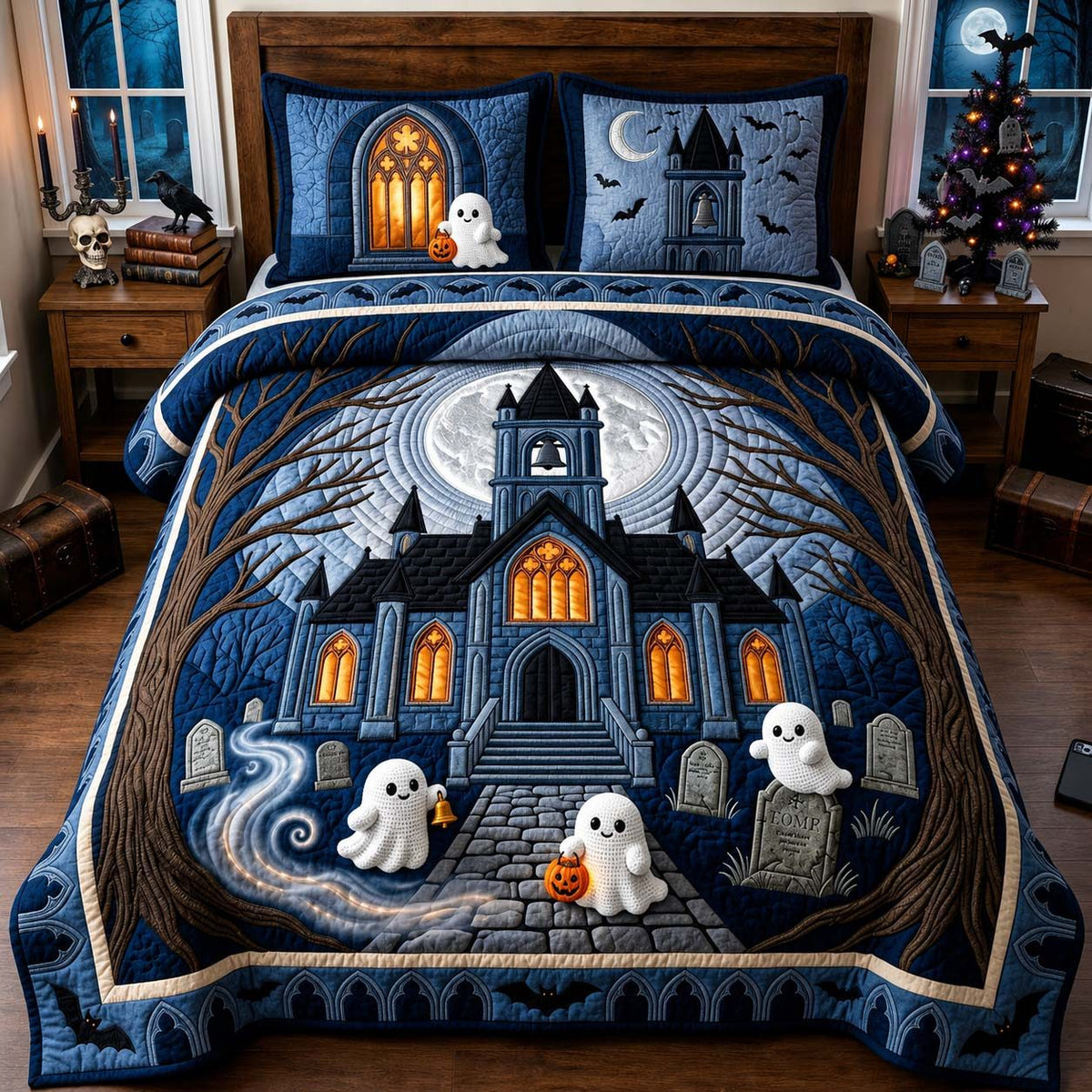Ghostly Graveyard Nights quilted 3-piece bedding set on a made bed against a dark styled interior