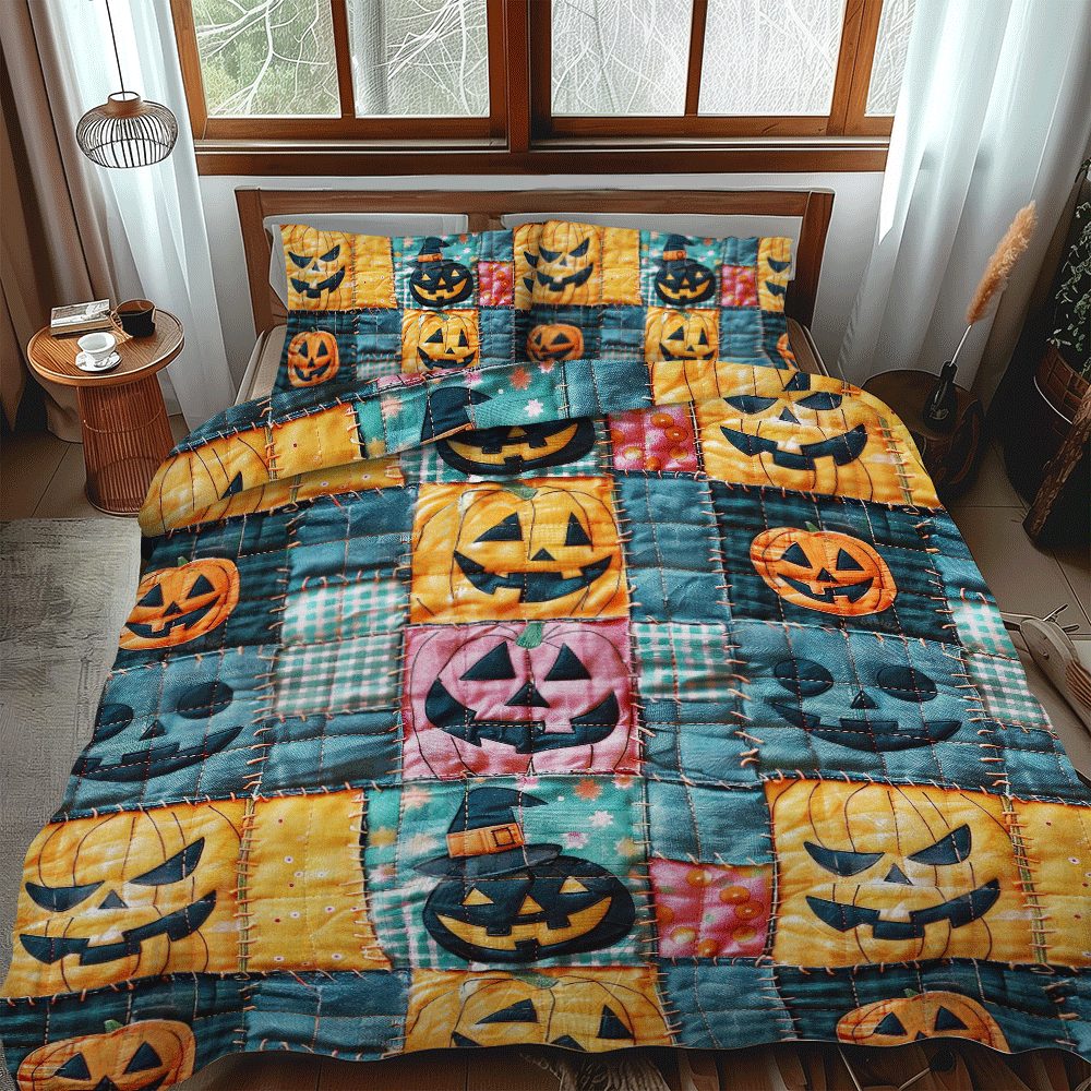Ghostly House Halloween quilted 3-piece bedding set on a made bed against a dark styled interior