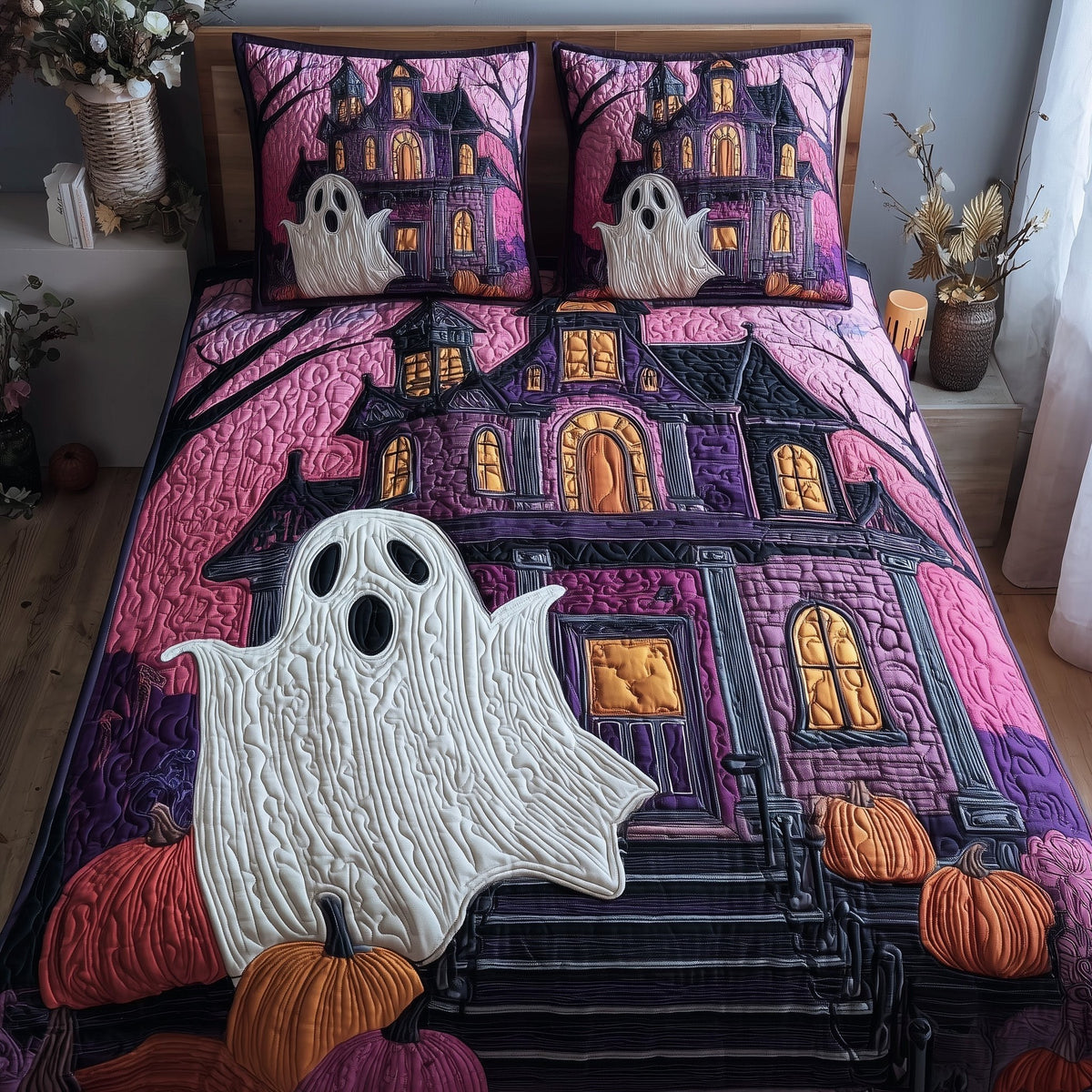 Ghostly Nights quilted 3-piece bedding set on a made bed against a dark styled interior