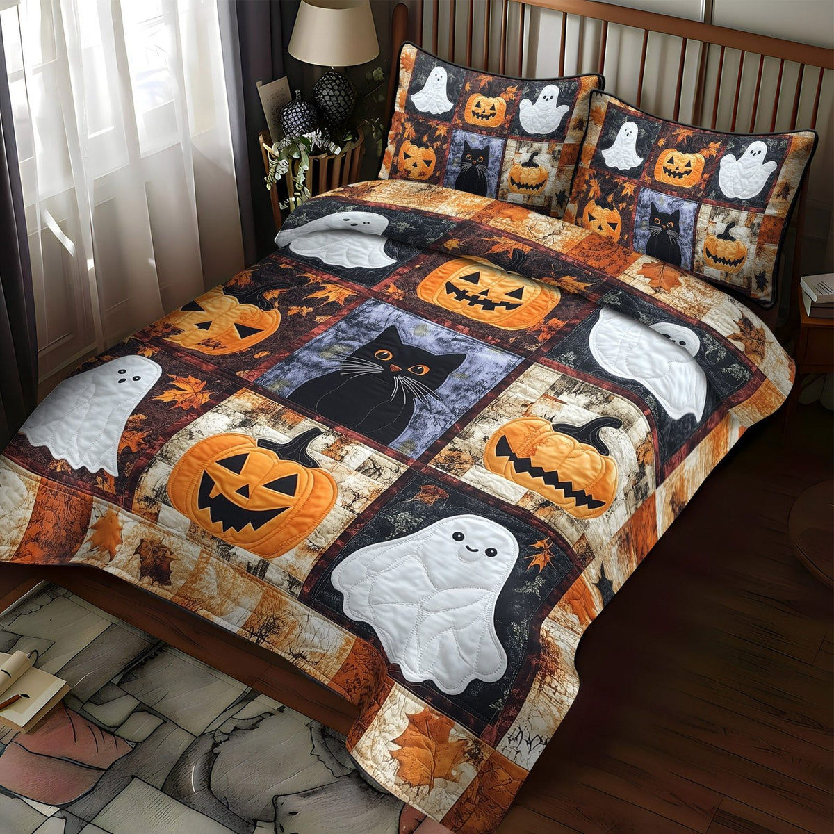 Ghostly Whiskers quilted 3-piece bedding set on a made bed against a dark styled interior