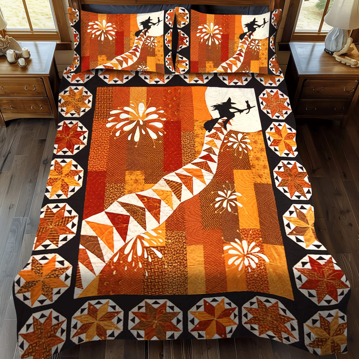 Ghoulish Glow quilted 3-piece bedding set on a made bed with two matching pillow shams