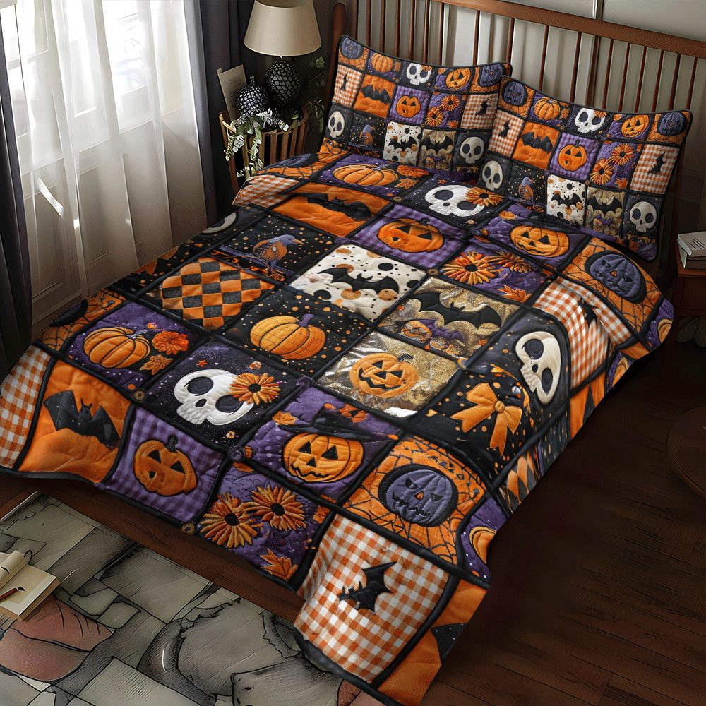 Ghoulish Halloween quilted 3-piece bedding set on a made bed against a dark styled interior