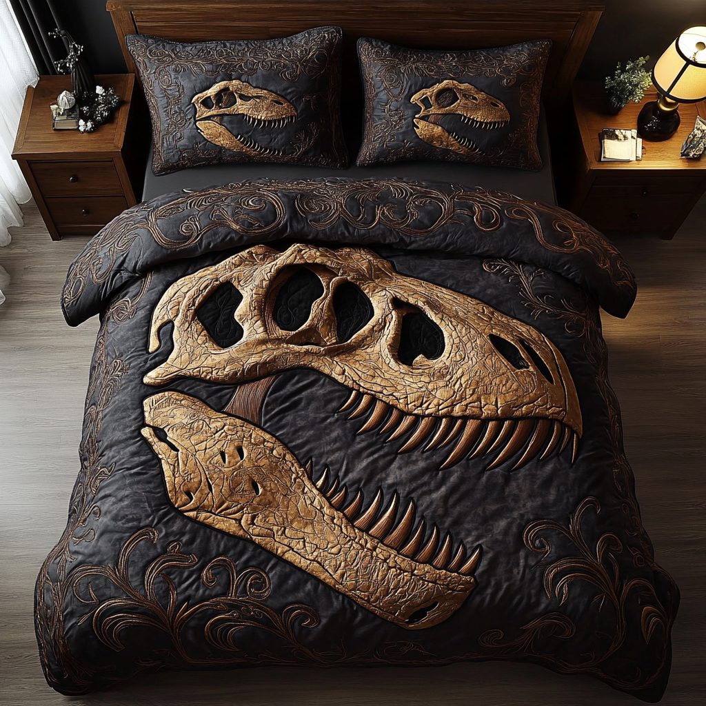 Giant Fossil quilted 3-piece bedding set on a made bed with two matching pillow shams
