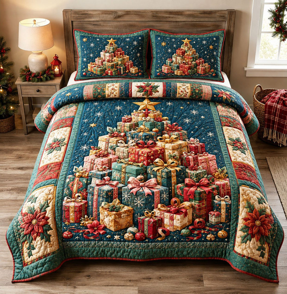 Gifts of Christmas Joy quilted 3-piece bedding set on a made bed in a winter-styled bedroom