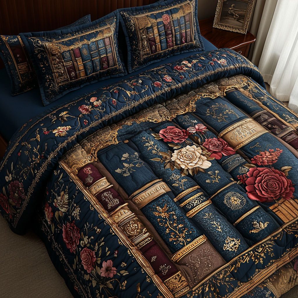 Gilded Literary Dreams quilted 3-piece bedding set on a made bed with two matching pillow shams