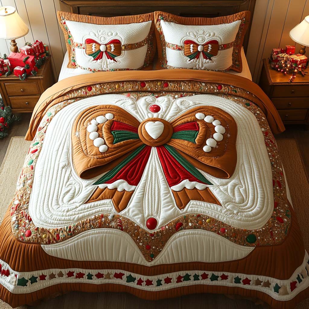 Gingerbread Bow quilted 3-piece bedding set on a made bed in a winter-styled bedroom