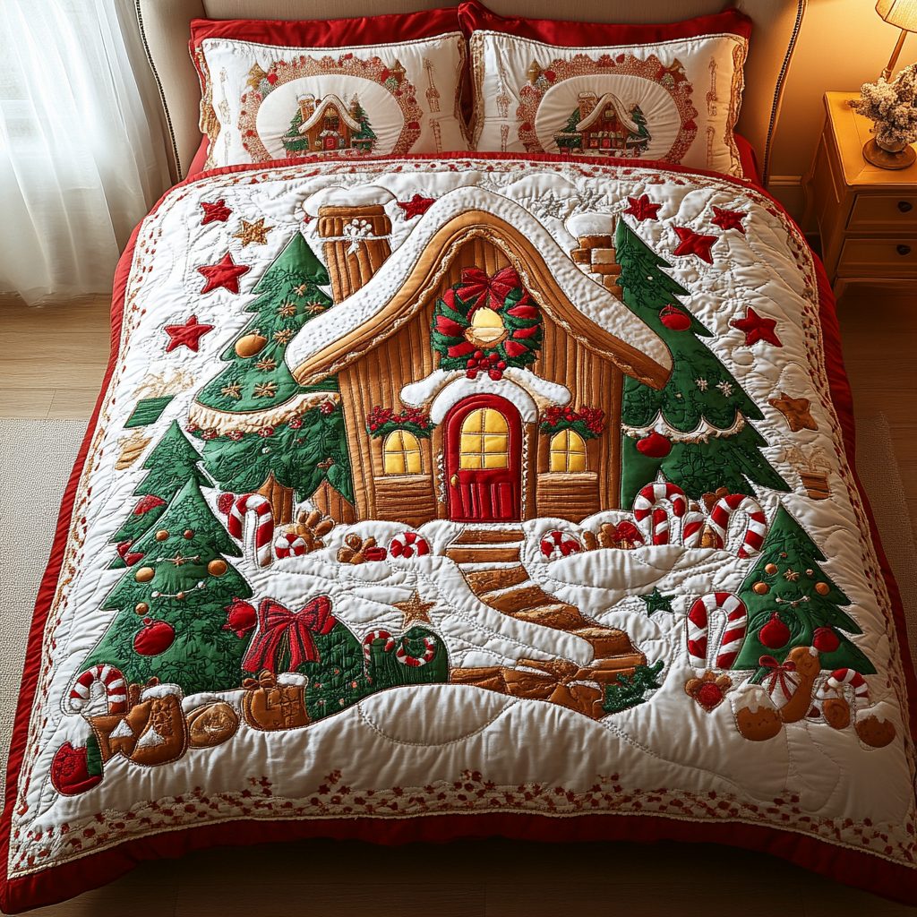 Gingerbread Glow quilted 3-piece bedding set on a made bed in a winter-styled bedroom