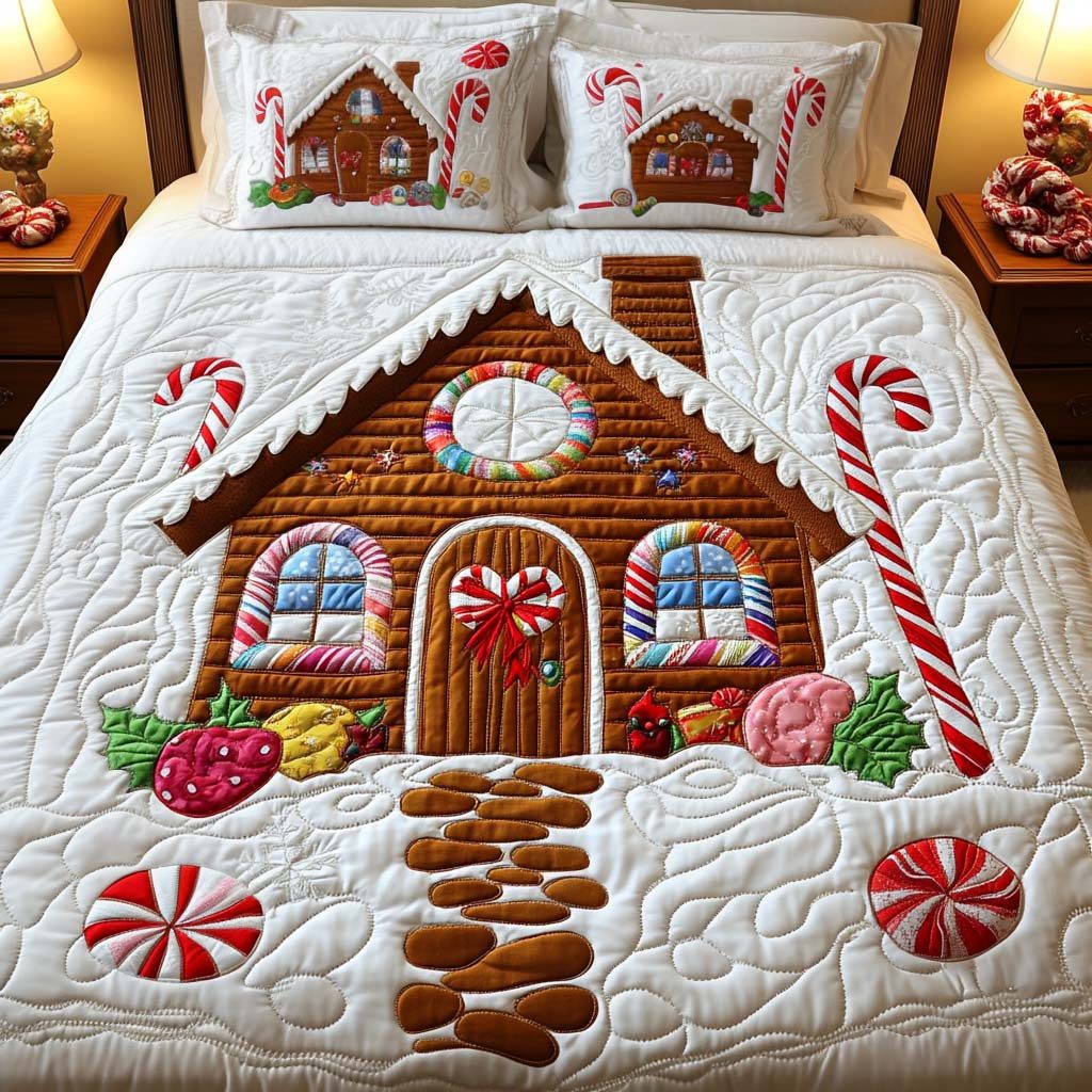 Gingerbread Haven quilted 3-piece bedding set on a made bed in a winter-styled bedroom