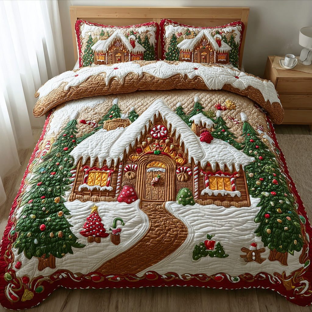 Gingerbread Hearth Magic quilted 3-piece bedding set on a made bed in a winter-styled bedroom