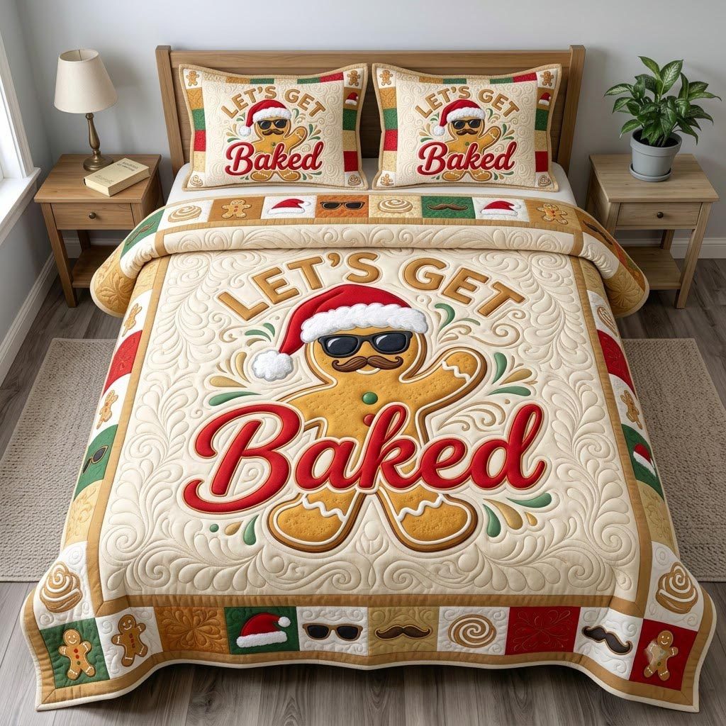Gingerbread Man quilted 3-piece bedding set on a made bed in a winter-styled bedroom