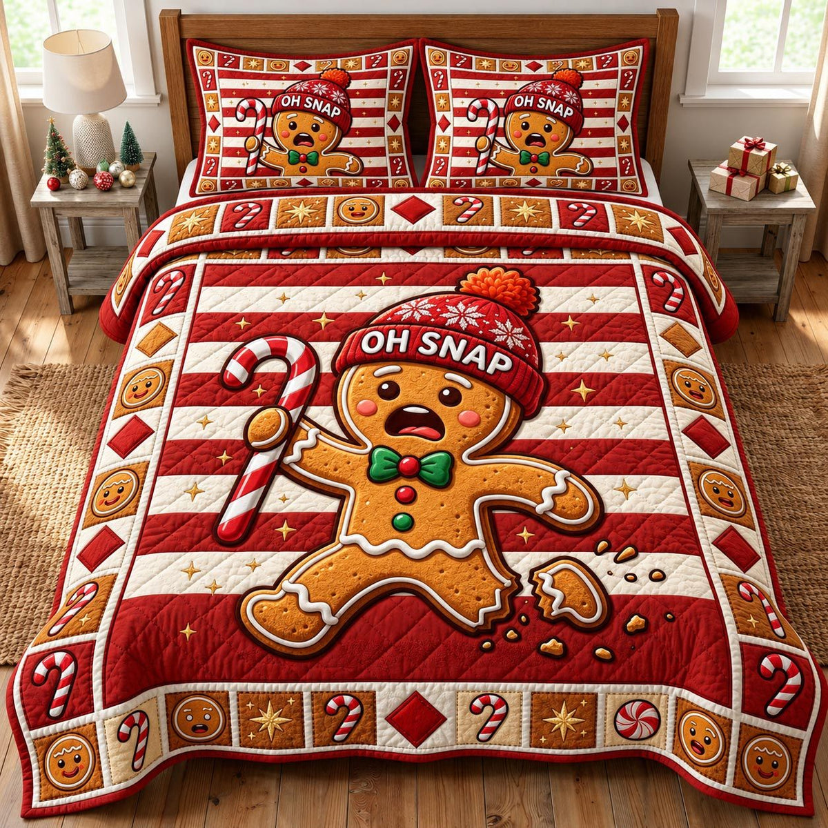Gingerbread Man quilted 3-piece bedding set on a made bed in a winter-styled bedroom