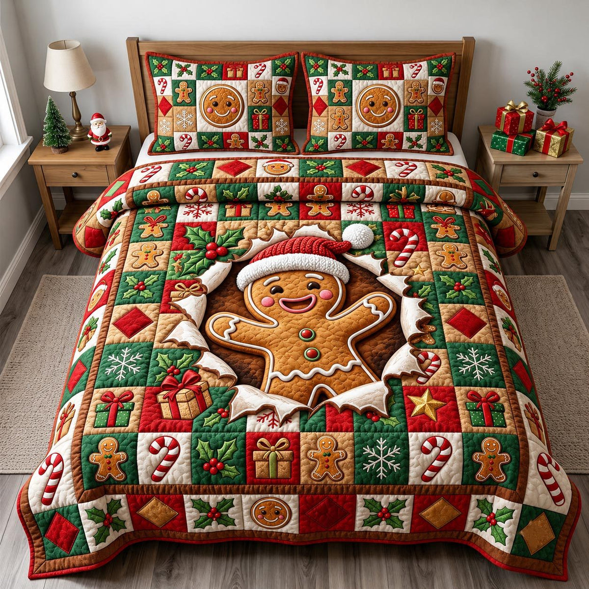 Gingerbread Man quilted 3-piece bedding set on a made bed in a winter-styled bedroom