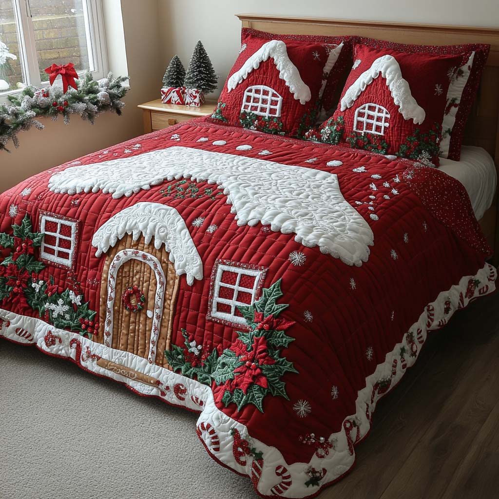 Gingerbread Red quilted 3-piece bedding set on a made bed in a winter-styled bedroom