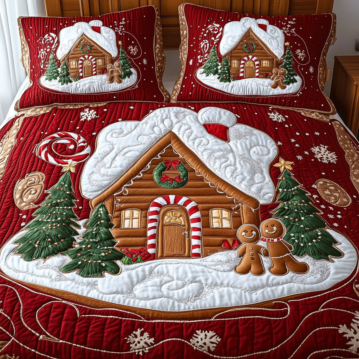 Gingerbread Snowland quilted 3-piece bedding set on a made bed in a winter-styled bedroom