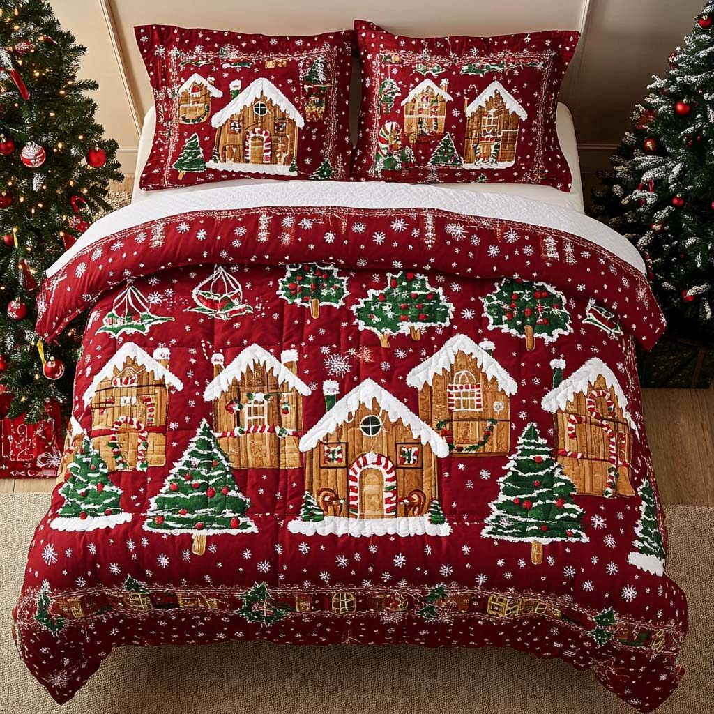 Gingerbread Village quilted 3-piece bedding set on a made bed in a winter-styled bedroom