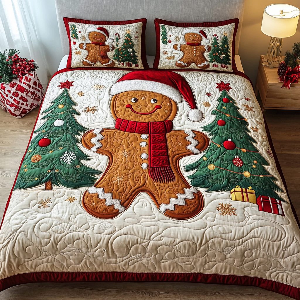 Gingerbread Whimsy quilted 3-piece bedding set on a made bed in a winter-styled bedroom