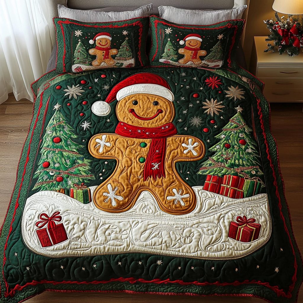 Gingerbread Wonderland quilted 3-piece bedding set on a made bed in a winter-styled bedroom
