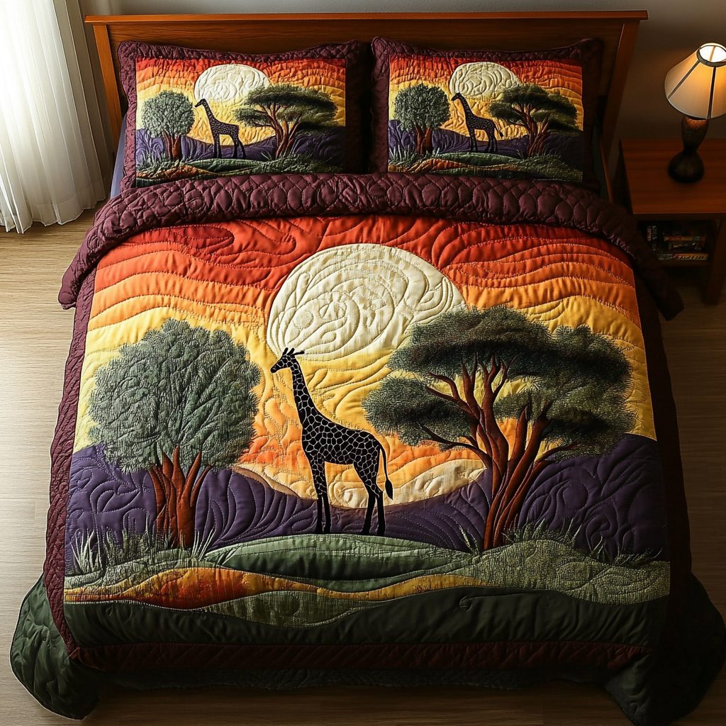 Giraffe Bliss quilted 3-piece bedding set on a made bed with two matching pillow shams